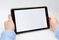 Male hands holding digital tablet blank screen horizontally. Take your screen to put on advertising Royalty Free Stock Photo