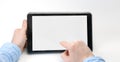 Male hands holding digital tablet blank screen horizontally. Take your screen to put on advertising Royalty Free Stock Photo