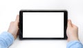 Male hands holding digital tablet blank screen horizontally on white background. Take your screen to put on advertising Royalty Free Stock Photo