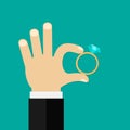 Male hands holding engagement ring. Vector flat style illustration