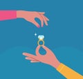 Male hands holding engagement ring. Woman`s hand takes a ring. Vector flat style illustration