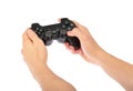 Male Hands Holding Gamepad isolated on white background with clipping path Royalty Free Stock Photo