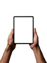 Male hands holding ipad pro vertically against white background for technology showcase Royalty Free Stock Photo