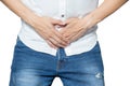 Male hands holding on middle crotch of trousers with prostate inflammation, Prostate cancer, Men`s health care concept isolated