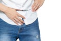 Male hands holding on middle crotch of trousers with prostate inflammation, Prostate cancer, Men`s health care concept isolated