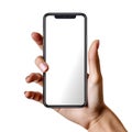 Male Hands Holding Modern Smartphone with Isolated Screen on White Background, Digital Device, Mobile Technology, Touchscreen, Royalty Free Stock Photo