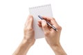 Male hands holding an open empty notebook and a pen. Isolated