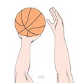 Male hands holding and preparing to throw basketball into a hoop. Hand drawn colored sketch. Isolated on white Royalty Free Stock Photo