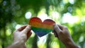 Male hands holding rainbow heart, global recognition of same-sex marriage