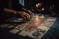 Male hands holding tarot cards. Astrologer calculates natal chart and makes a forecast. Generative AI