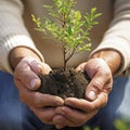 Male hands holding a tree sapling to be planted. save the planet with afforestation. Our green future. Generative AI