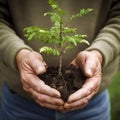 Male hands holding a tree sapling to be planted. save the planet with afforestation. Our green future. Generative AI