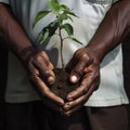 Male hands holding a tree sapling to be planted. save the planet with afforestation. Our green future. Generative AI