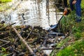 Male hands with  iron shovel destroy the beaver dam, break the dam of  small forest river, expanding the space for the strong flow Royalty Free Stock Photo