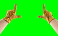 Male Hands in Leather Construction Gloves Making Framing Gesture Over A Green Screen Royalty Free Stock Photo