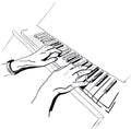 Male hands playing piano illustration in engraving style.Musical instrument with keys.Pianist with wedding ring.