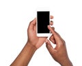 Male hands pointing on blank mobile phone screen