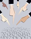 Male hands pointing with finger various directions to crowd. Vector illustration. Concept of dictate, pluralism, power, regulation