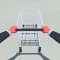 Male hands pushing empty shopping cart.