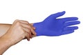 Male hands putting on blue medical gloves isolated on white background Royalty Free Stock Photo