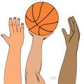 Male hands reaching for basket ball. Strugglng for victory. Playing, holding, throwing. Hand drawn colored sketch