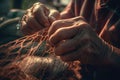 Male hands repairing fishing net. Generate ai