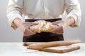 The male hands and rustic organic loaf of bread