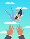 Male hands saving falling woman, flat vector illustration. Psychological, business support. Psychotherapy. Helping hands