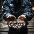 Male hands shackled, hands tied with a chain. Restriction of hand movement with handcuffs. Royalty Free Stock Photo