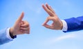 Male hands show thumbs up sign. Success and approval concept. Gesture expresses approval. Business approval and Royalty Free Stock Photo