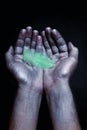 Male hands in silver paint holding feather