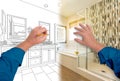 Male Hands Sketching Beautiful Custom Bathroom Gradating to Finished Construction Royalty Free Stock Photo
