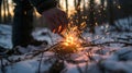 Male hands starts fire with magnesium fire steel or fire striker. Survival in winter forest. Royalty Free Stock Photo