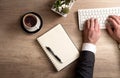 Male hands  in suit typing on white keyboard Royalty Free Stock Photo