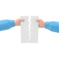 Male hands tearing a blank sheet of paper. 3D illustration of flat design style. Blank paper sheet torn in the hands