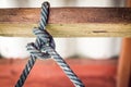 Male hands tie a rope tree,Rope knot line tied together with nature background,as a symbol for trust Royalty Free Stock Photo