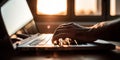 Male hands typing on computer keyboard closeup, business man or student using laptop at home, online learning, internet marketing Royalty Free Stock Photo