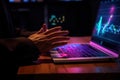 Male hands are typing on a laptop keyboard, develops a business, studies, plays a computer game at night. Ai