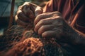 Male hands untie fishing net. Generate ai Royalty Free Stock Photo