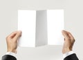 Male hands in white shirt and black jacket holding a white booklet triple sheet of paper. Isolated on gray background. Closeup