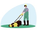 Male handyman character mowing grass