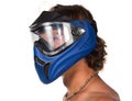 Male head in blue paintball mask on white background Royalty Free Stock Photo