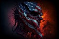 Male head grunge portrait with the USA Stars and Stripes or Star Spangel Banner of the American national flag distressed on fire