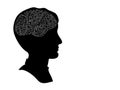 Male head profile silhouette with printed circuit board brain, black and white artificial intellect concept, vector