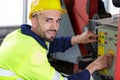 male heavy equipment operator pressing control Royalty Free Stock Photo