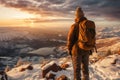 Male hiker admiring a scenic view from a snowy mountain top. Adventurous young man with a backpack. Hiking and trekking on a