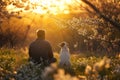 Male hiker and his pet dog admiring a scenic view in flowering meadow at spring. Adventurous young man with his dog friend. Hiking