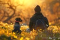 Male hiker and his pet dog admiring a scenic view in flowering meadow at spring. Adventurous young man with his dog friend. Hiking