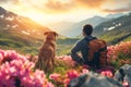 Male hiker and his pet dog admiring a scenic view in flowering meadow at spring. Adventurous young man with his dog friend. Hiking
