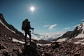 Male hiker stands on rock on the mountain sides